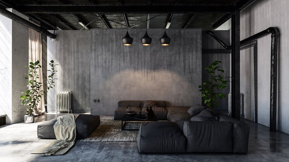 Industrial Living Room with Aesthetic Pendant Lamp