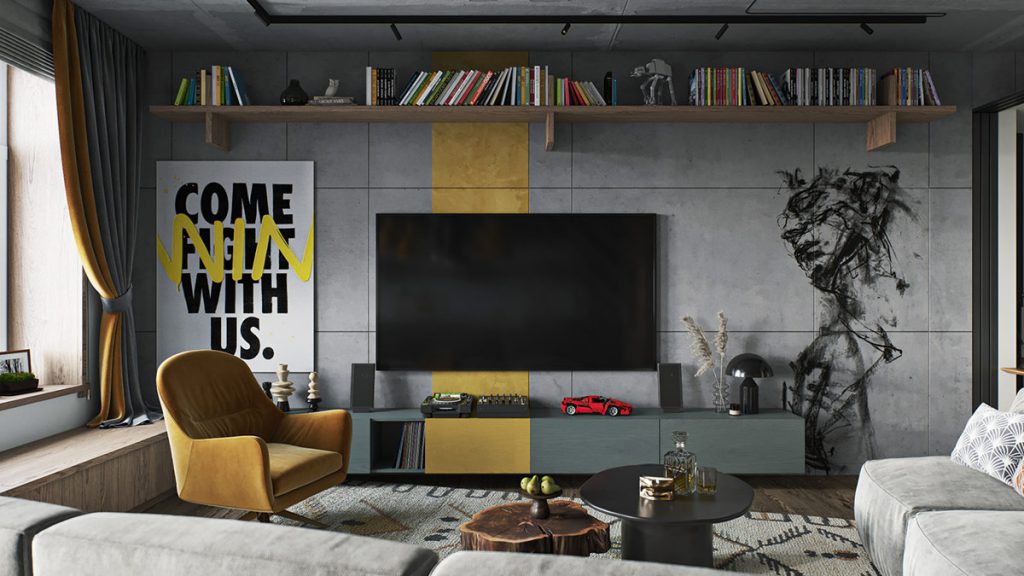Yellow Accent Industrial Living Room Design