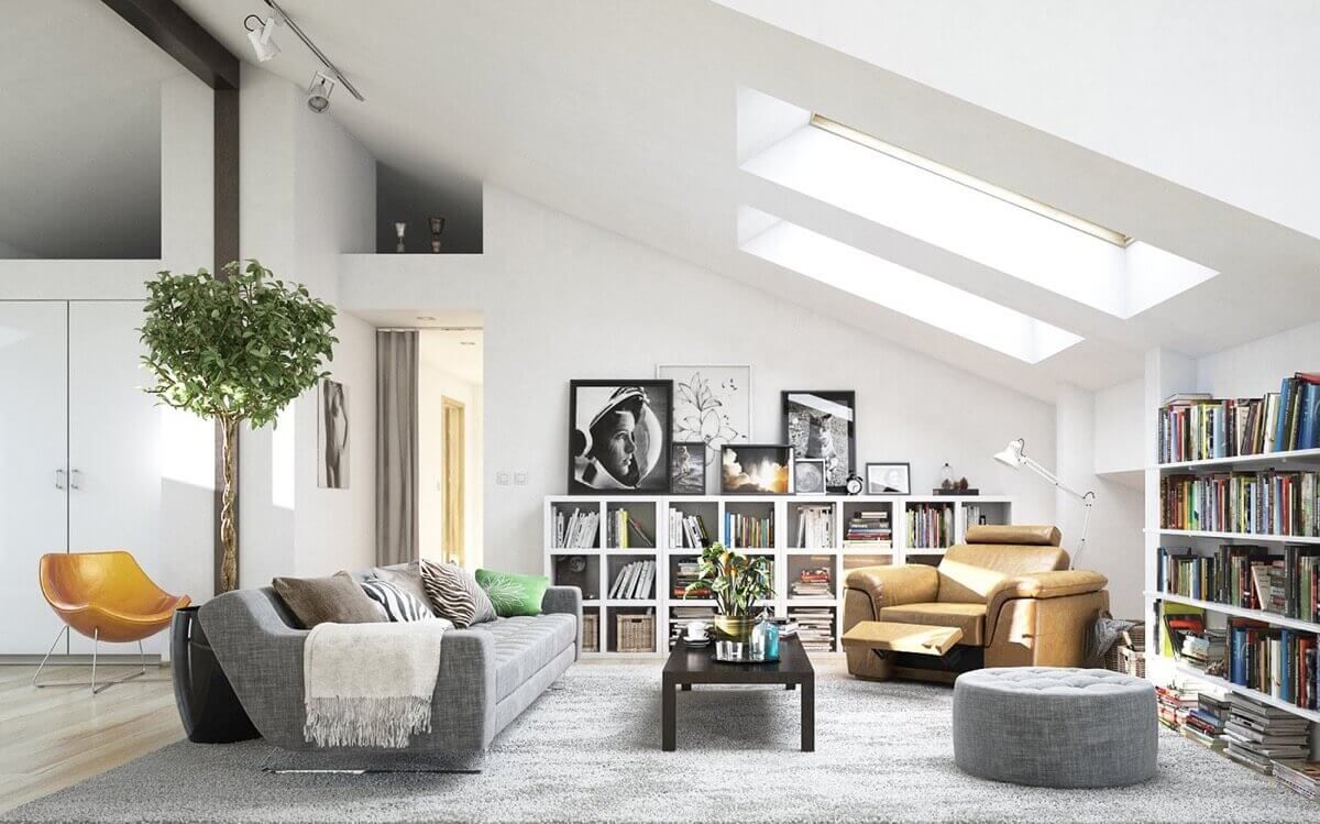 Scandinavian Living Room with Skylights