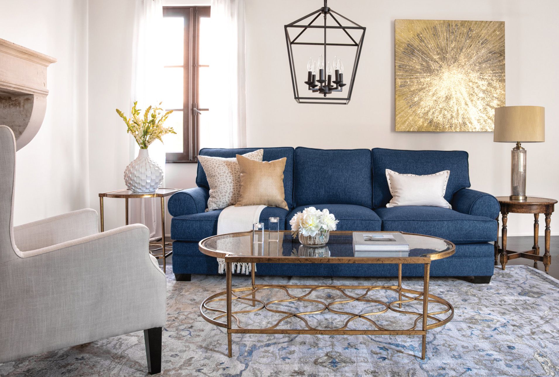 Navy Couch with Golden Accent