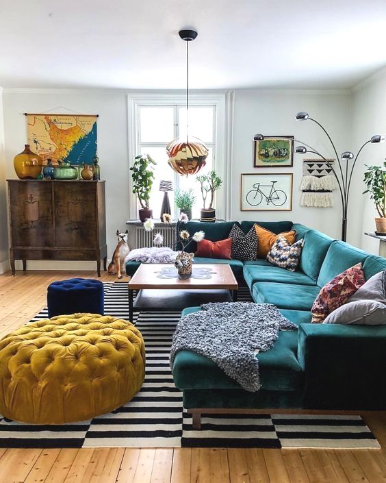 Pair a Yellow Accent and Velvet Blue Couches