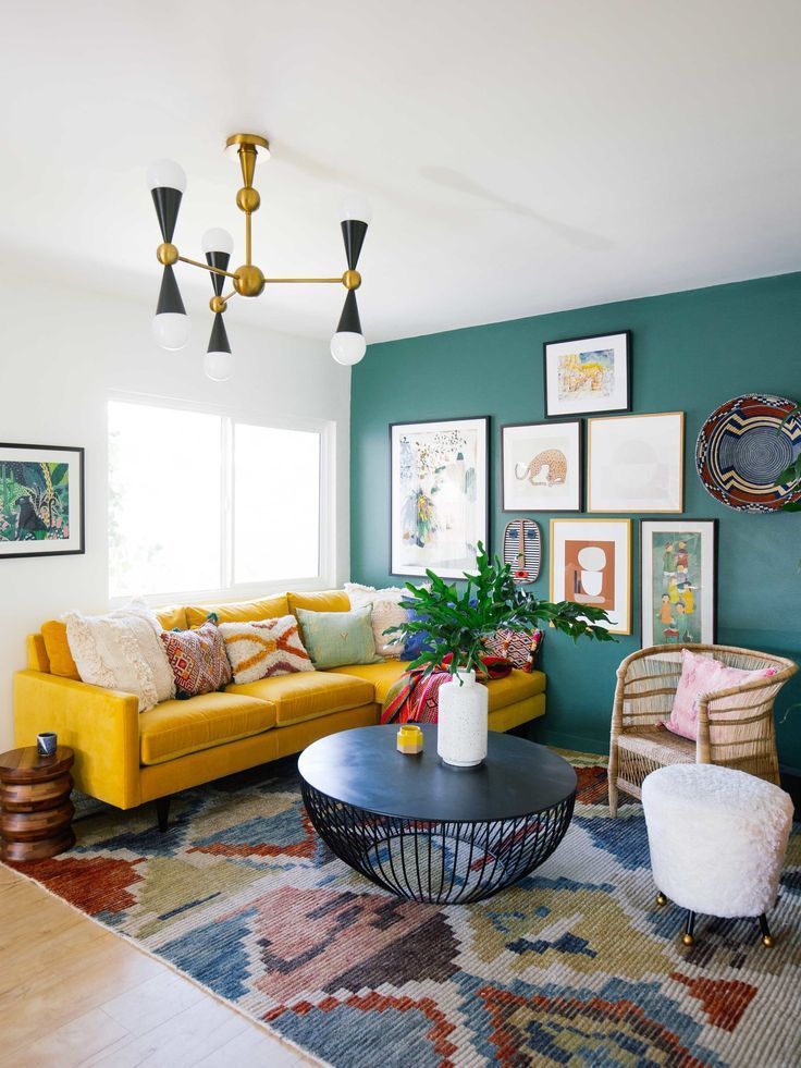 Yellow Couches in Art Deco Living Room