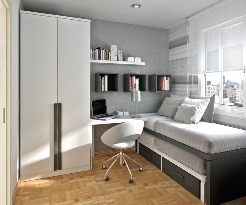 Monochrome Bedroom with Geometric Furniture
