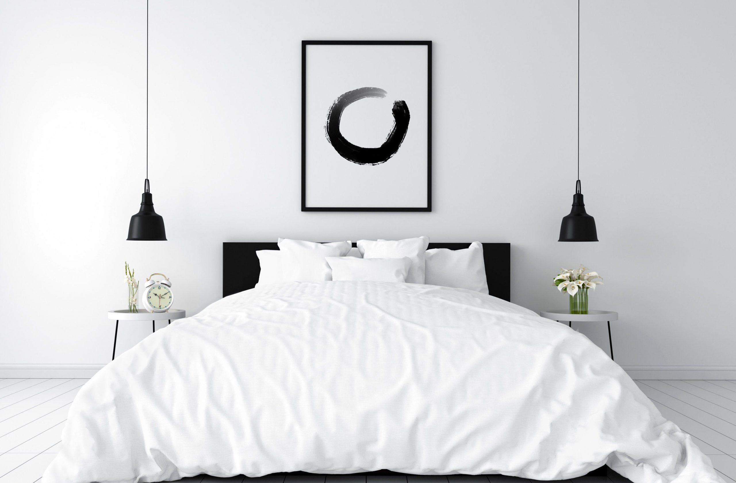 Monochrome Bedroom with Wall Art