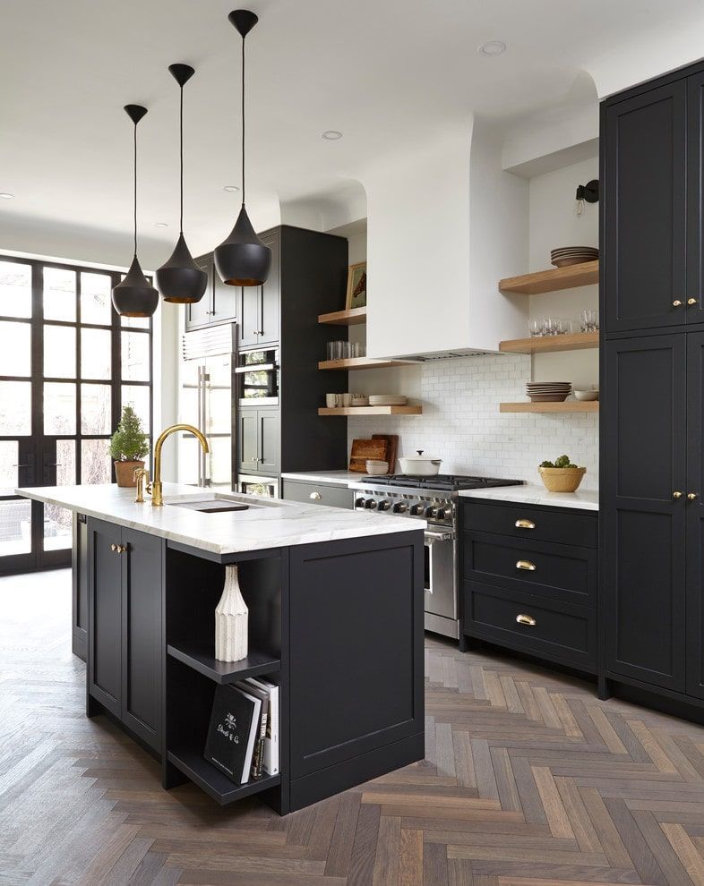 Kitchen with Black Cabinets and White Walls