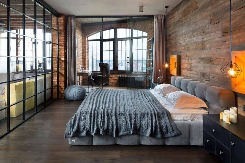 Aesthetic Industrial Bedroom Interior with Glass Wall