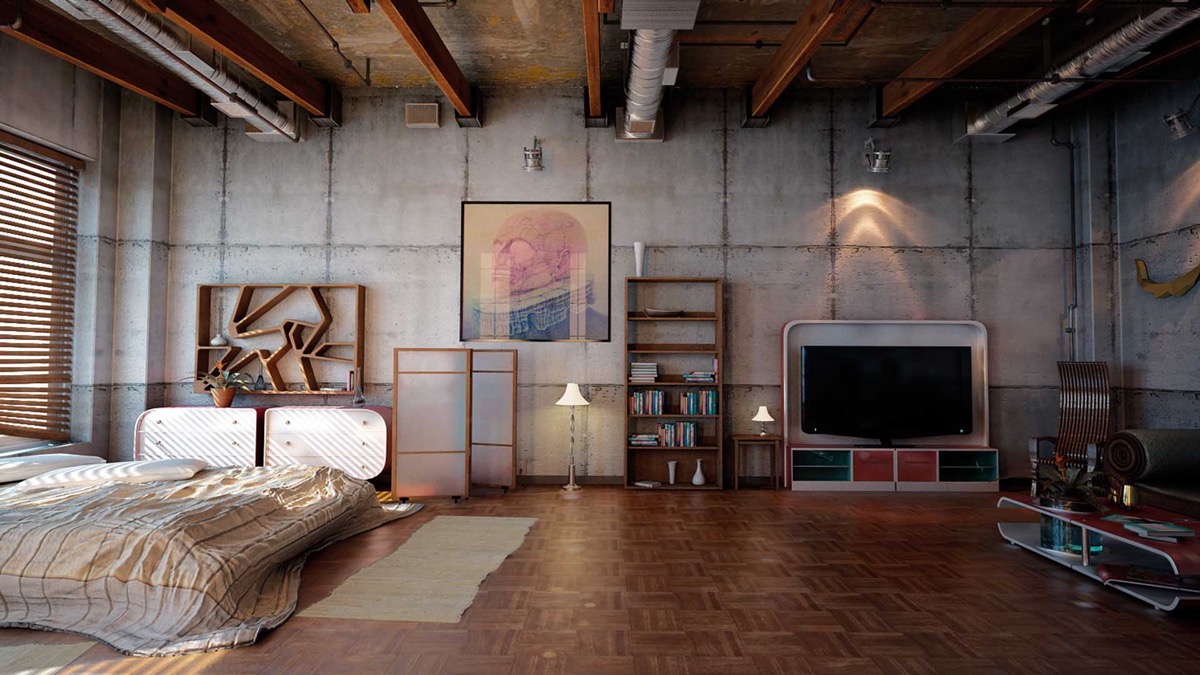 Industrial Style Bedroom in Open Space Concept