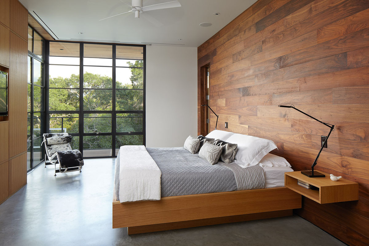 Warm Rustic Bedroom Interior with Glass Walls