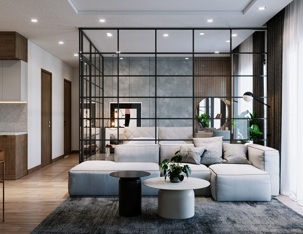 Living Room with Glass Room Partition