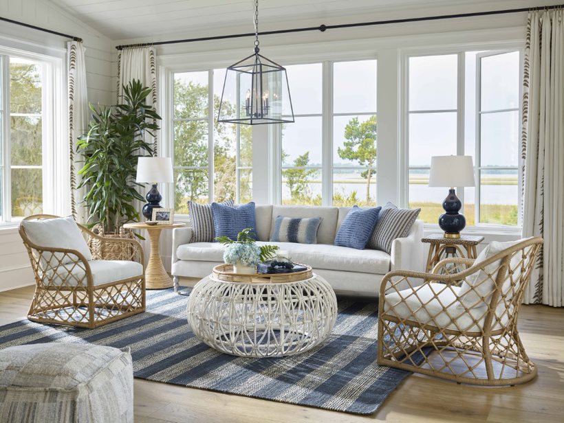 Coastal Living Room with Magnificent Lighting