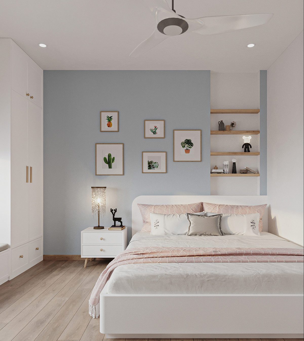 Pink as a Soft Accent in a Light Blue Bedroom