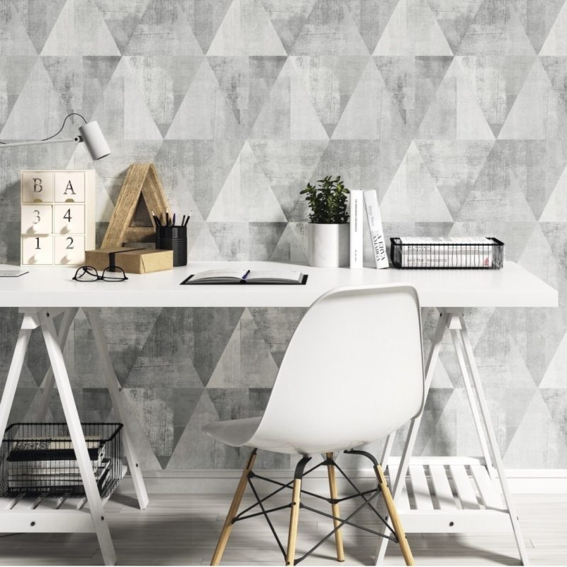Scandinavian Workspace with Elegant Pattern Wallpaper
