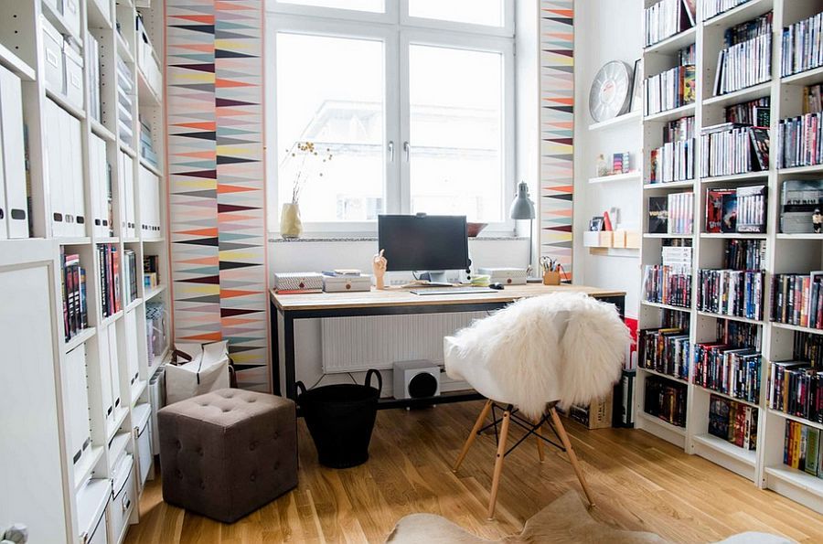 Scandinavian Workspace with Elegant Pattern Wallpaper