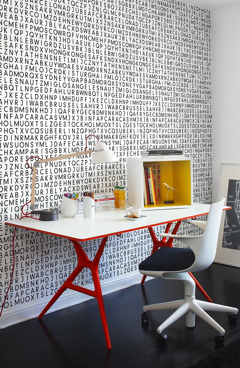 Scandinavian Workspace with Unique Pattern Wallpaper