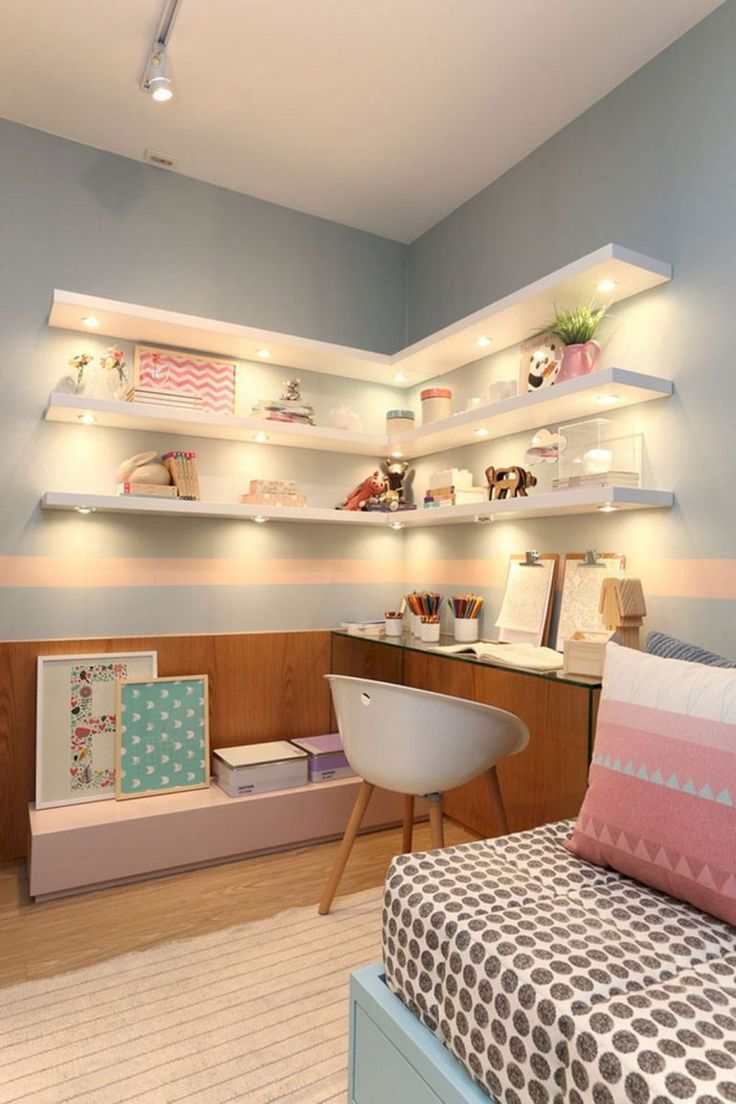 Space Saving Concept with Open Shelf in Interior Corner