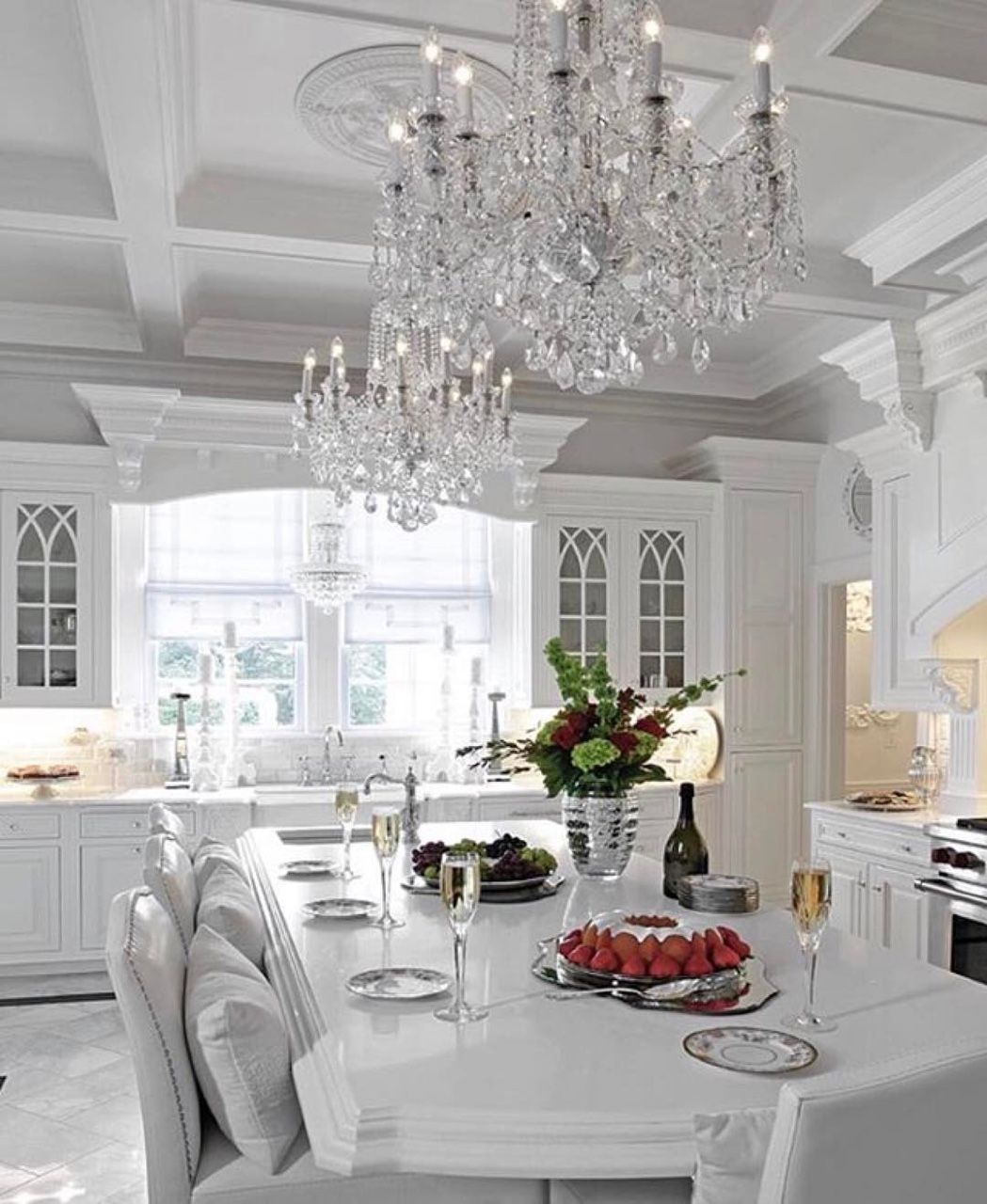 White Kitchen with Magnificent Chandeliers