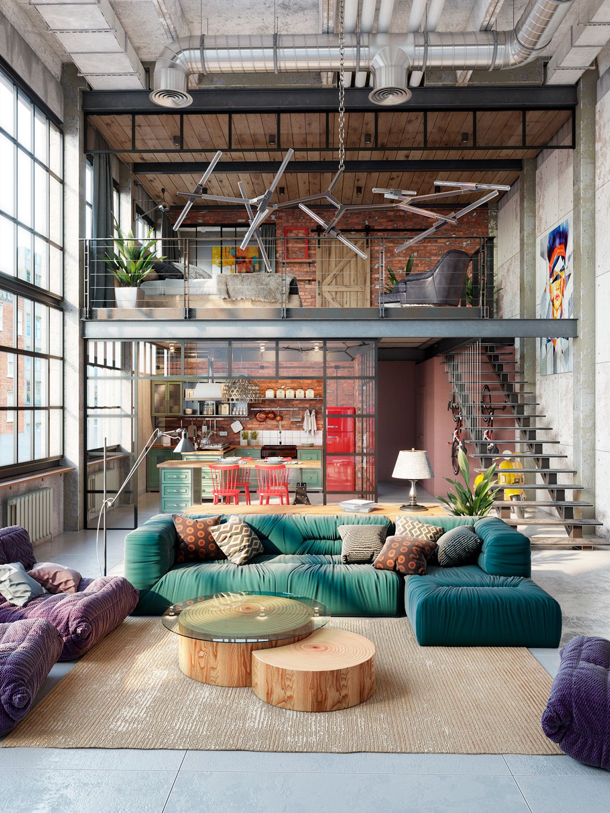 Industrial Loft House with Colorful Accents