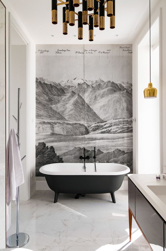 Cozy Bathroom with Monochrome Mountain Wallpaper