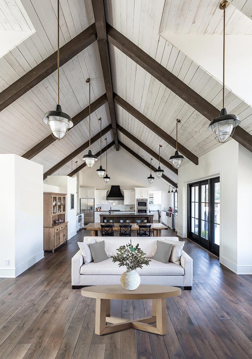 Farmhouse Living Room and Cathedral Ceiling Design