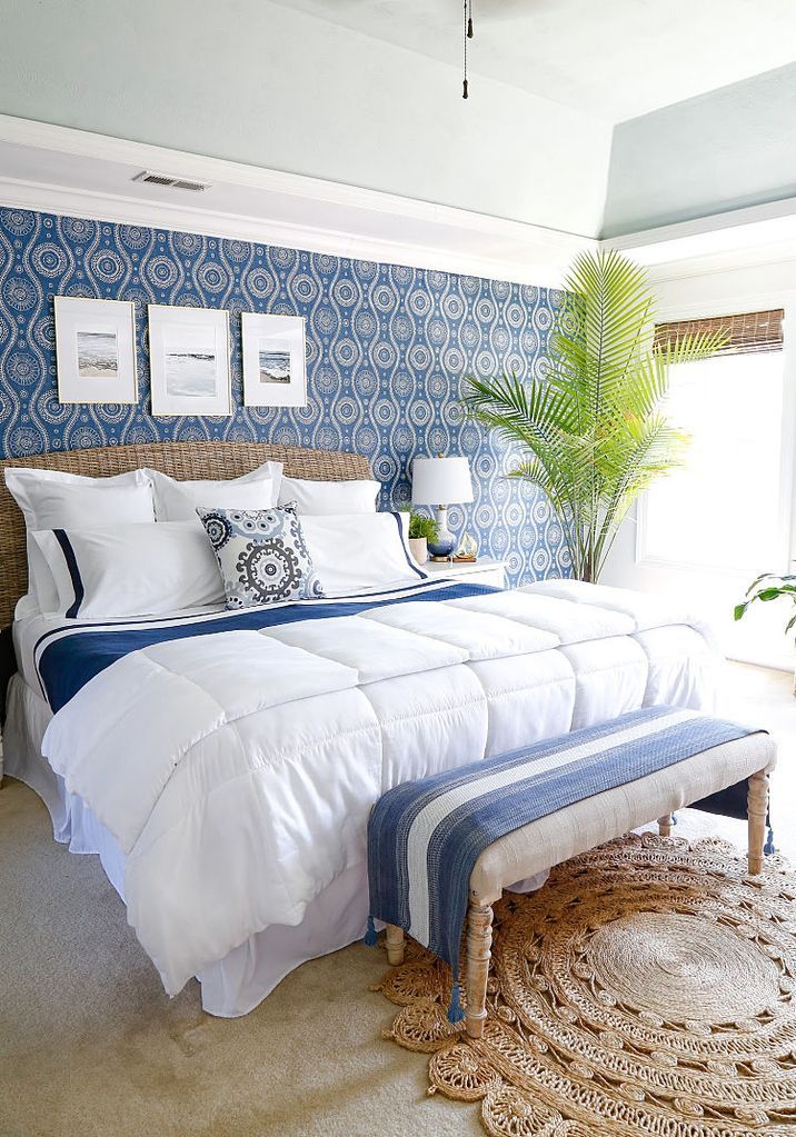 Coastal Bedroom with Blue Patterned Wall