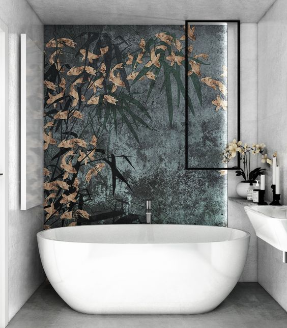 Greyish Mountain and Golden Leaf Wallpaper for A Wonderful Bathroom