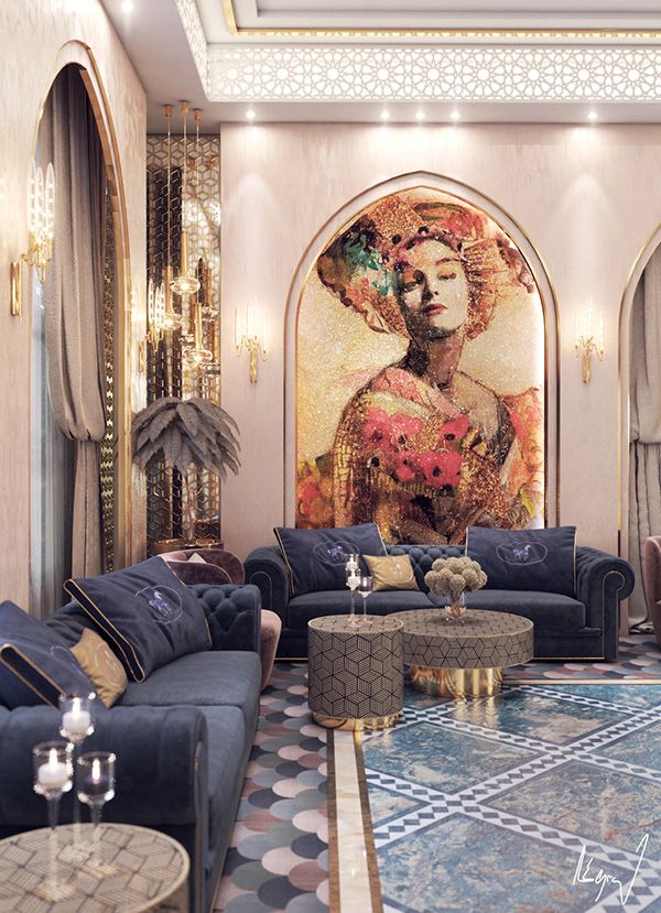 Modern Moroccan Living Room with Female Painting