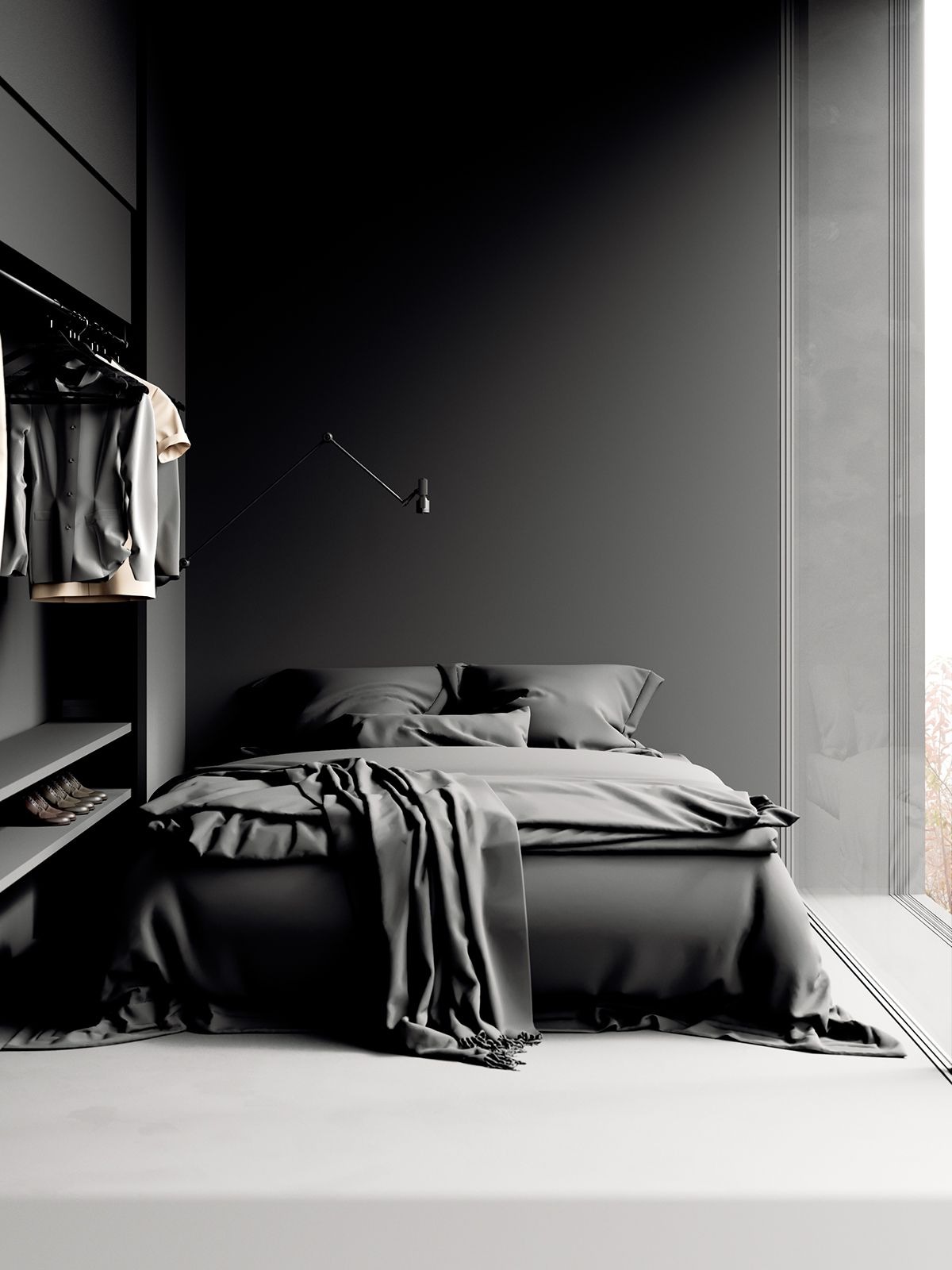 Dark Grey Wall for a Minimalist Bedroom