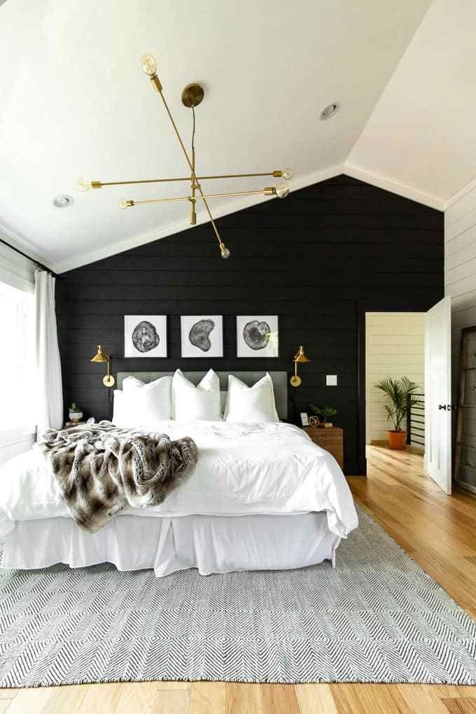 Monochrome Bedroom with Black Wall