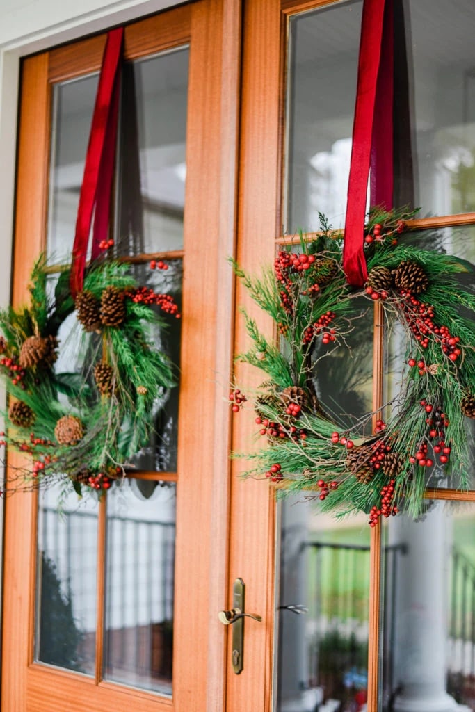 Natural Door Wreath with Red Ribbons