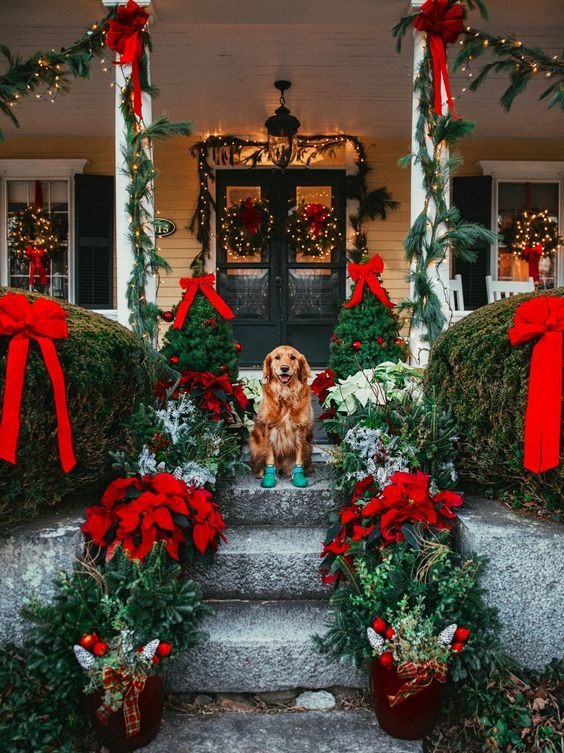 Using Red Ribbons for Your Christmas Front Porch
