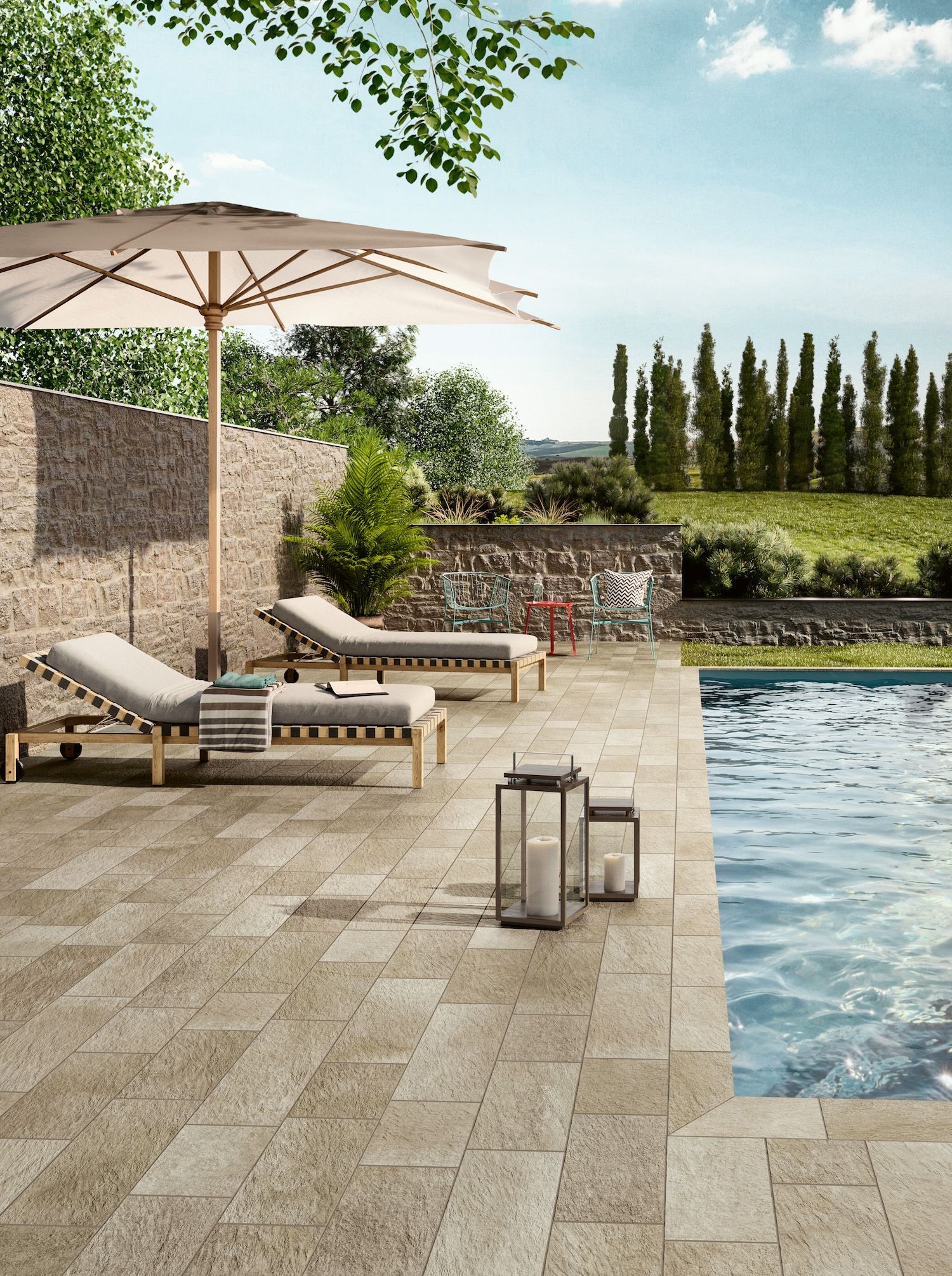 Sunny Poolside with Lanterns