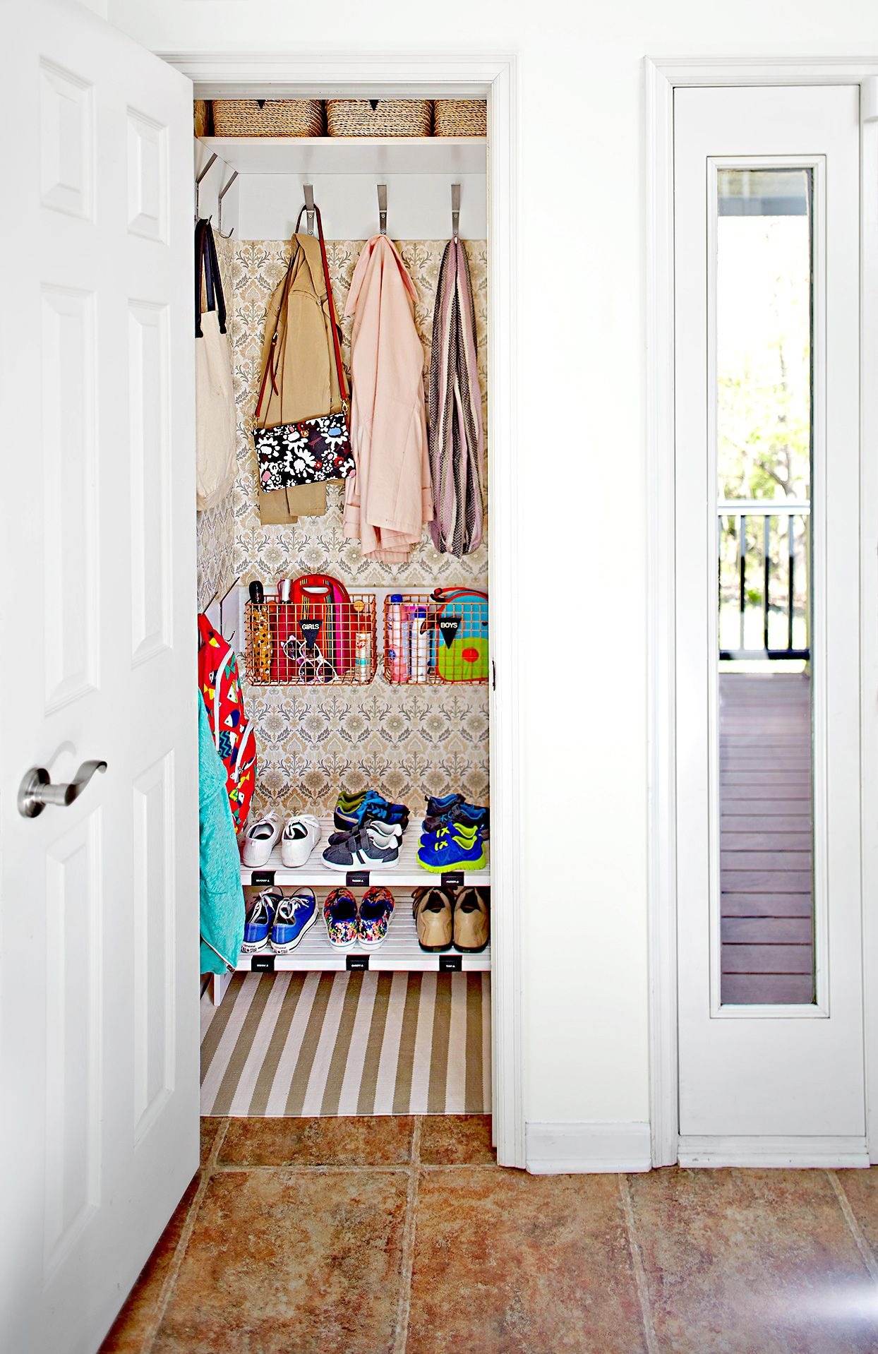 Narrow Hallway Storage with Classic Wallpaper