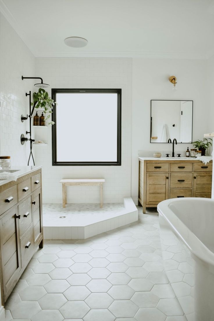 Hexagonal White Tiles for Modern Eclectic Bathroom