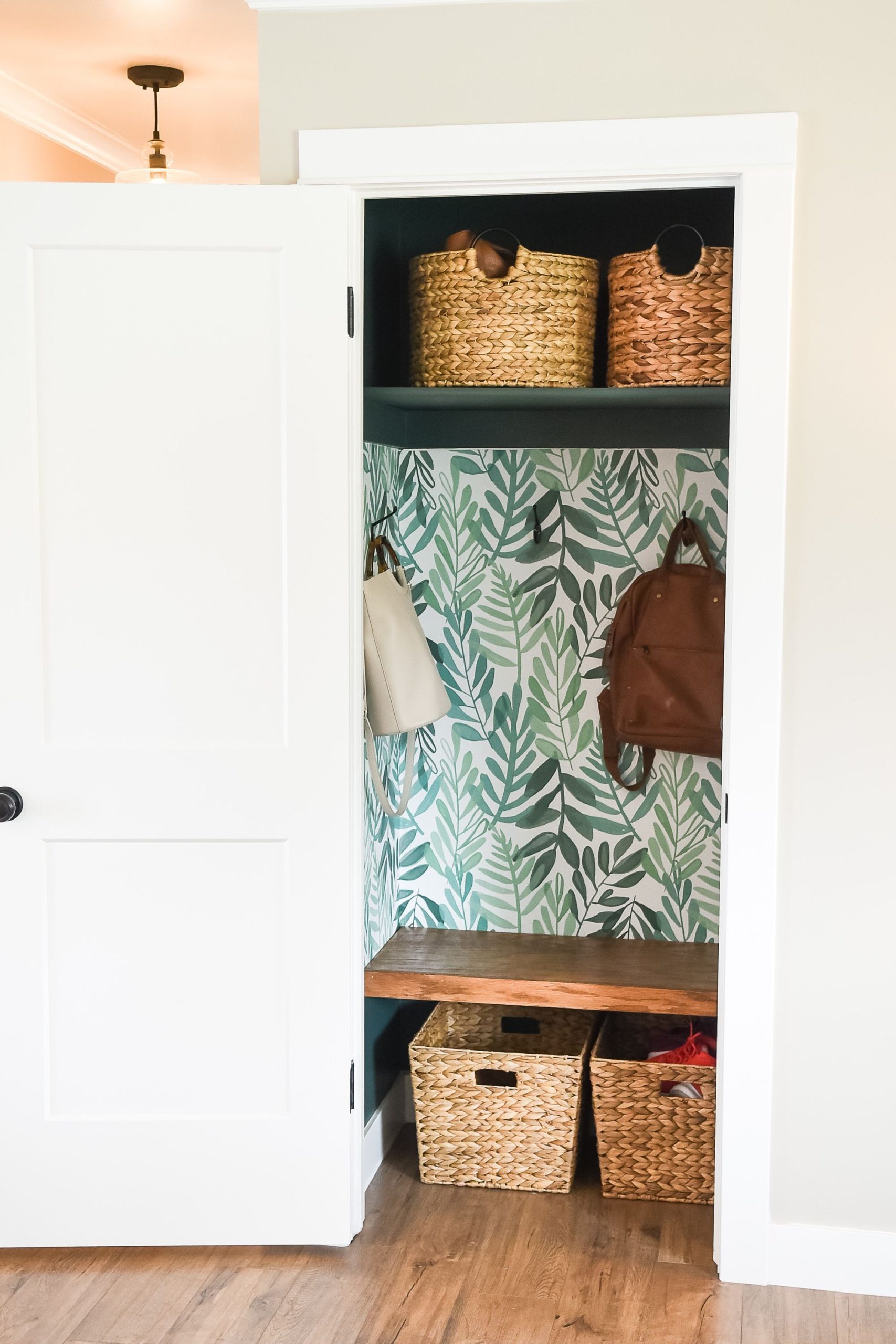 Small Hall Closet with Wicker Baskets