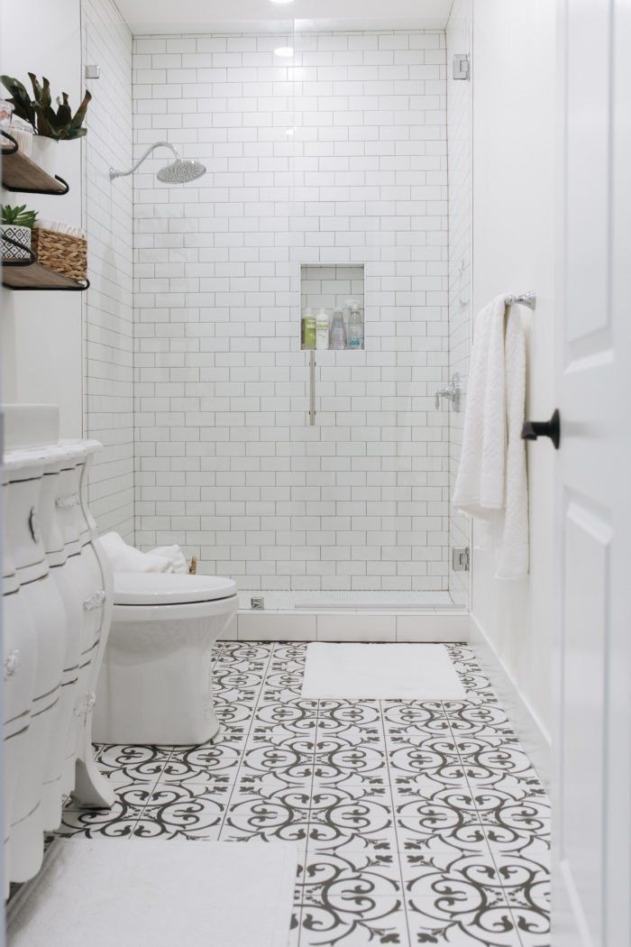 Patterned Tiles for White Bathroom