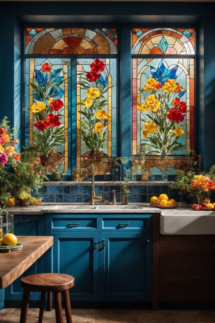 Charming Kitchen with Luminous Stained Glass