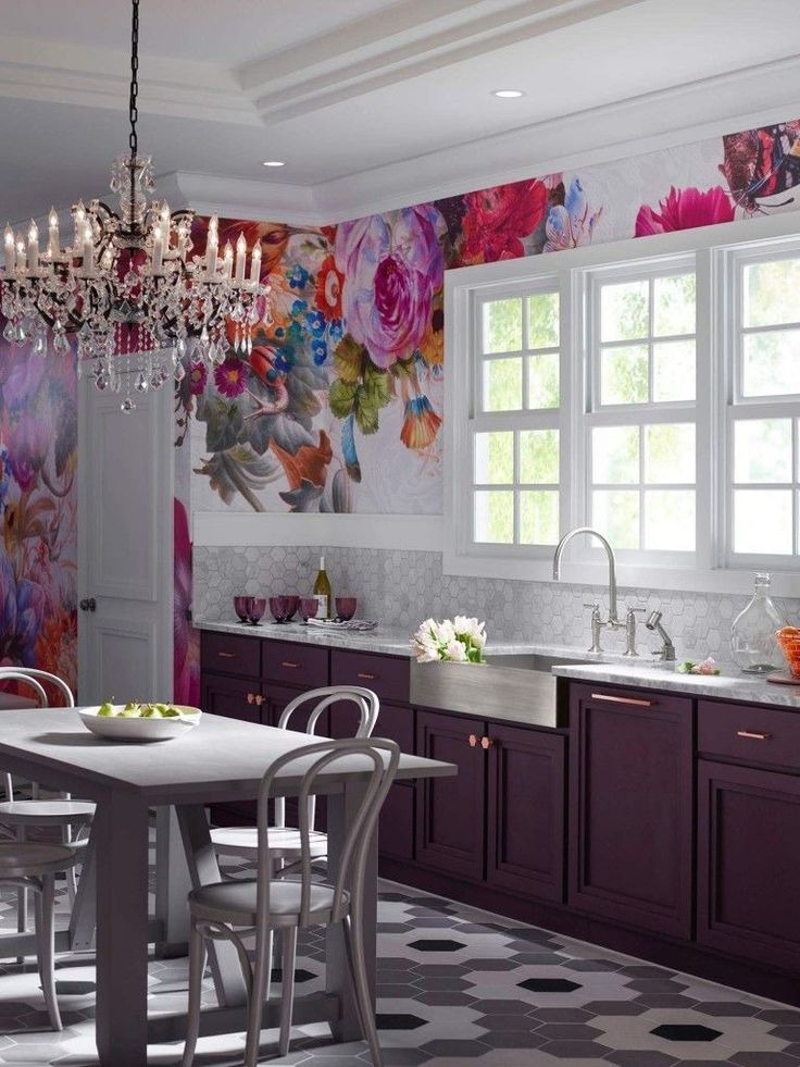 Stylish Purple Kitchen with Floral Wallpaper