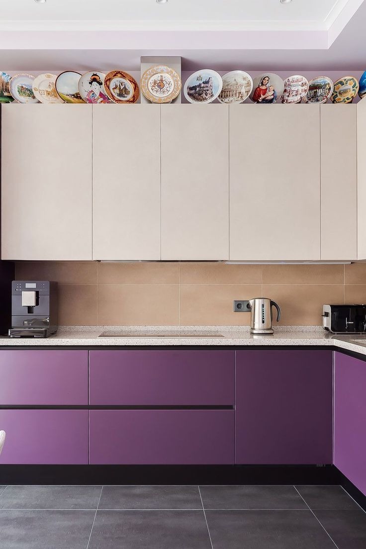Add Purple Cabinets for Bright Countertops